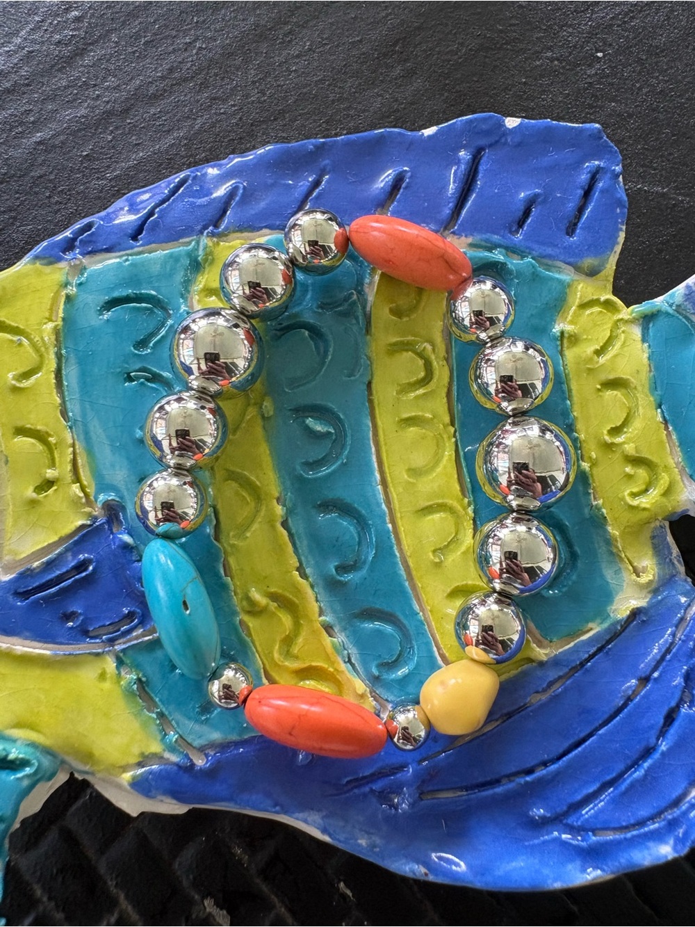 Multicolor Bead Stretch Bracelet with Silver-tone Spheres